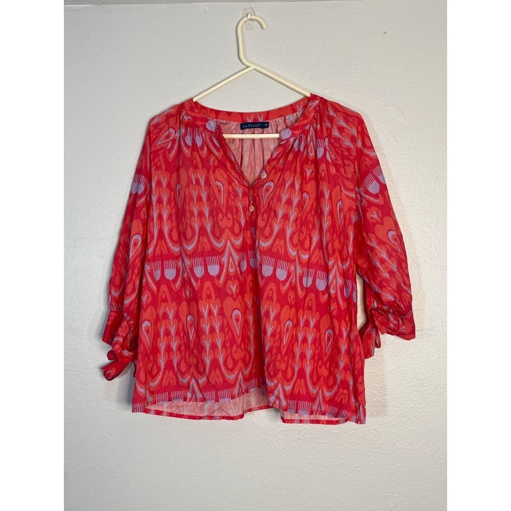 La Plage Margo Top Coral Periwinkle Mandarin Collar Pink Orange Medium Cotton